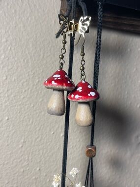 Wooden Mushroom Dangle Earrings - Red Cap